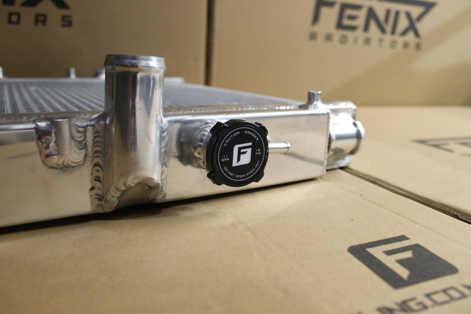 Toyota Supra JZA80 Full Alloy Performance Radiator & Fan Shroud Kit – polished radiator filler neck detail – original Fenix photograph