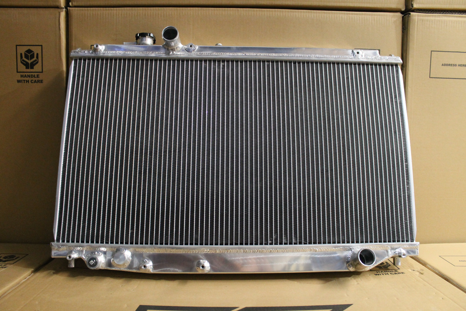 Toyota Supra JZA80 Full Alloy Performance Radiator & Fan Shroud Kit – polished radiator reverse view – original Fenix photograph