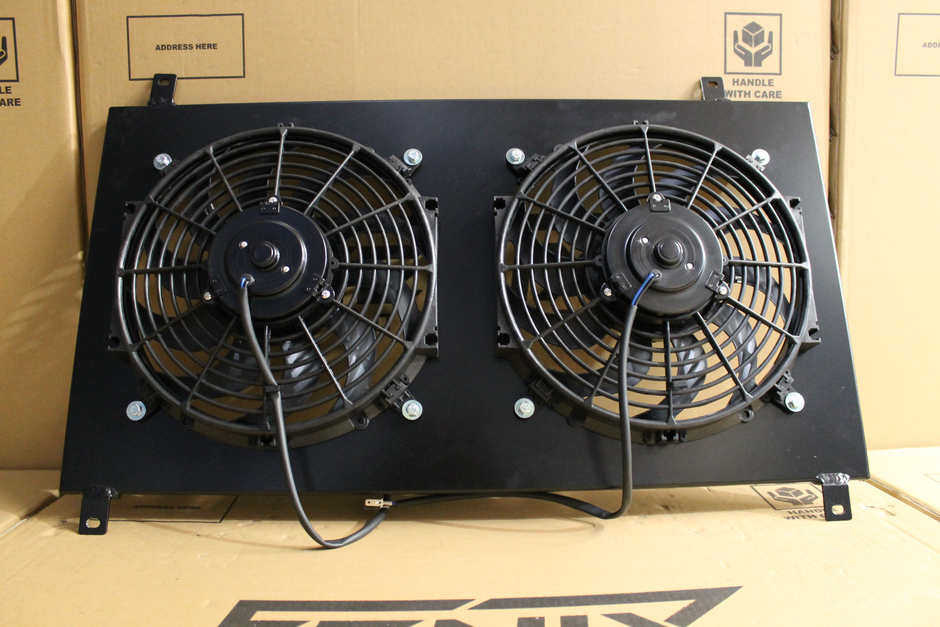 Toyota Supra JZA80 Full Alloy Performance Radiator & Fan Shroud Kit – twin fan motor and mounting view – original Fenix photograph
