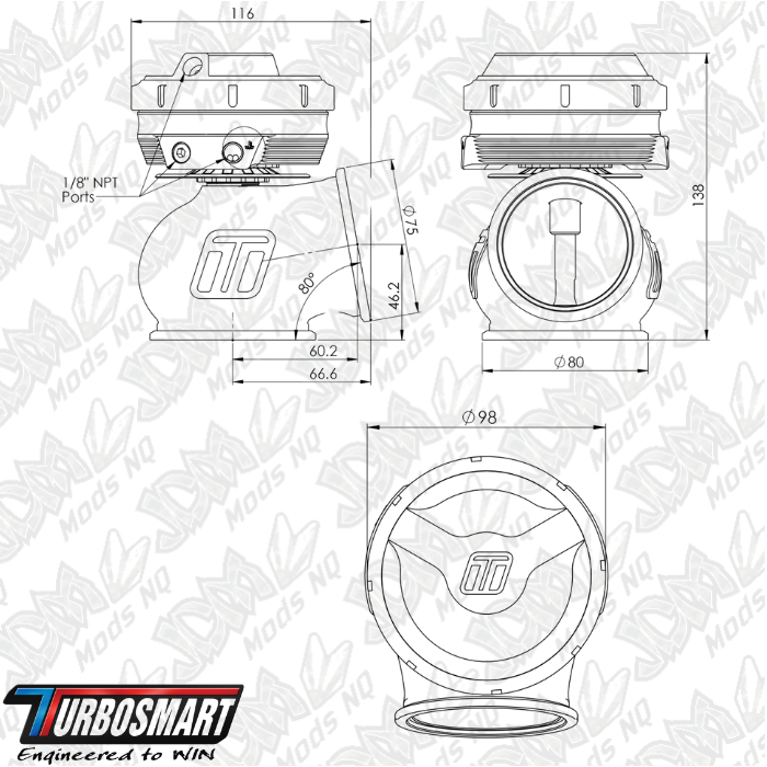 Turbosmart GenV PowerGate60CG ‘Compressed Gas’ 5psi External Wastegate (Black) TS-0555-1202