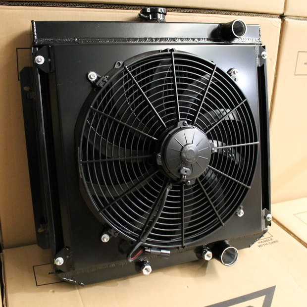 Ford ZC-ZD Fairlane & XR-XY Falcon Windsor V8 Full Alloy Radiator, Custom Shroud & 16" Spal 3000CFM Fan
