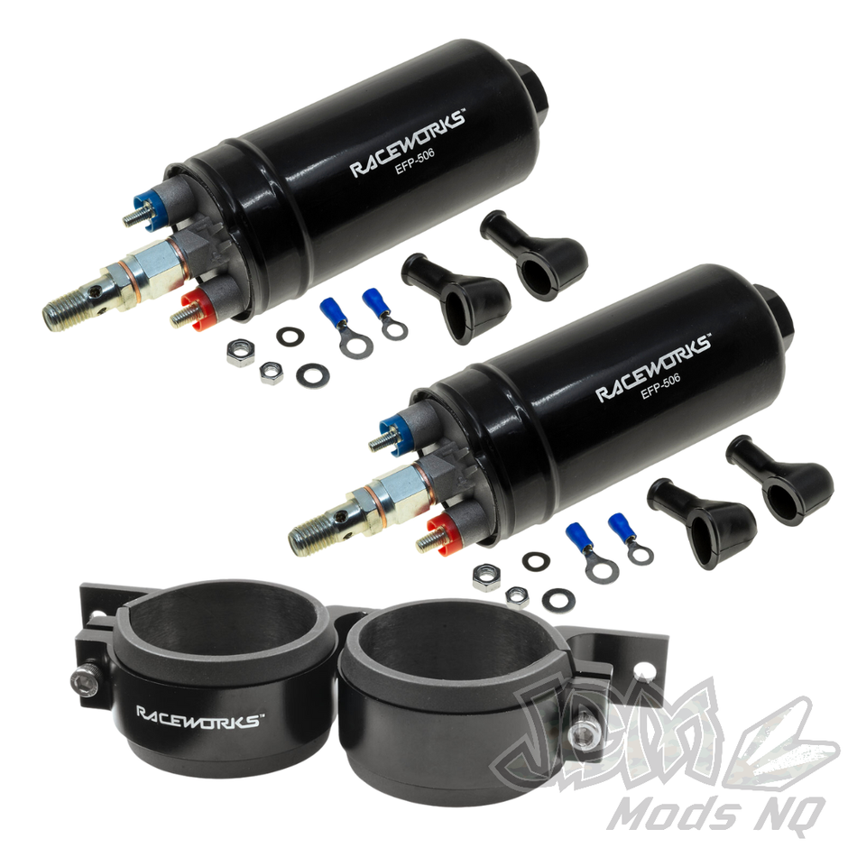 Raceworks Twin 300LPH 60mm Bosch 044 Style External Fuel Pumps and Bracket Kit