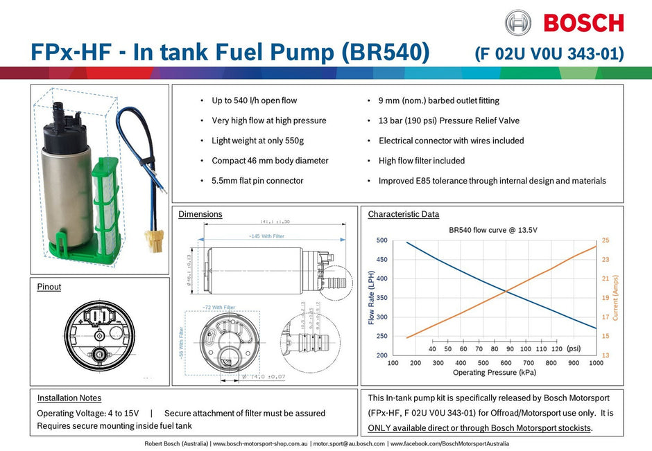 Bosch Motorsport FPx-HF - In-tank Fuel Pump. Up to 540 l/h (BR540) F 02U V0U 343-01