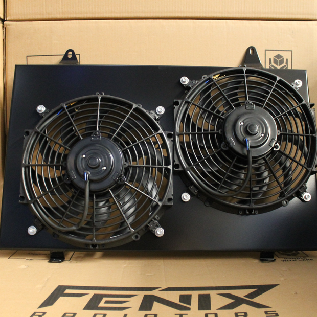 Fenix FAN1083-BL Nissan Skyline R33 R34 offset twin-fan shroud for 400mm core - black front view