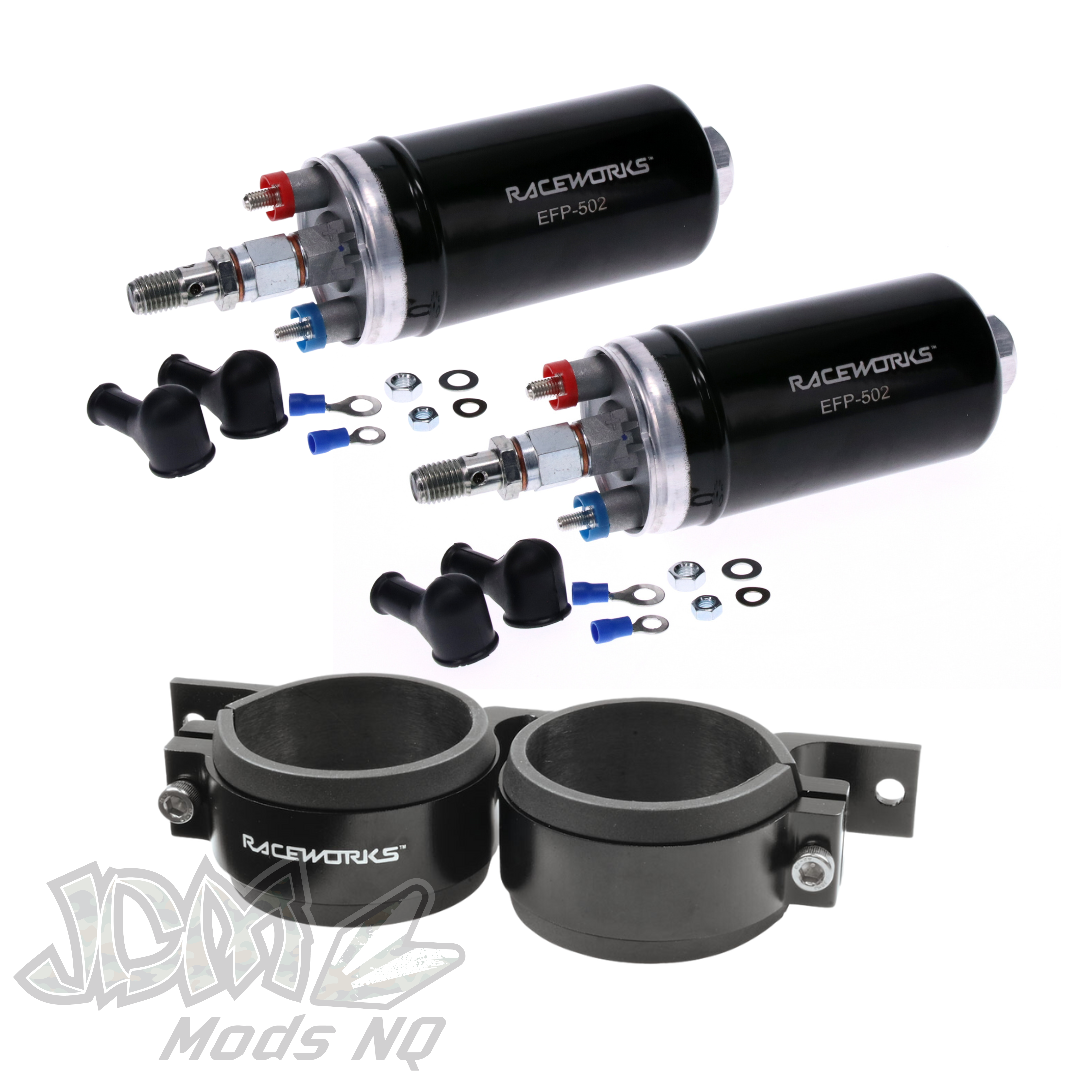 Raceworks Twin 310LPH 60mm Bosch 044 Style External Fuel Pumps and Bracket Kit