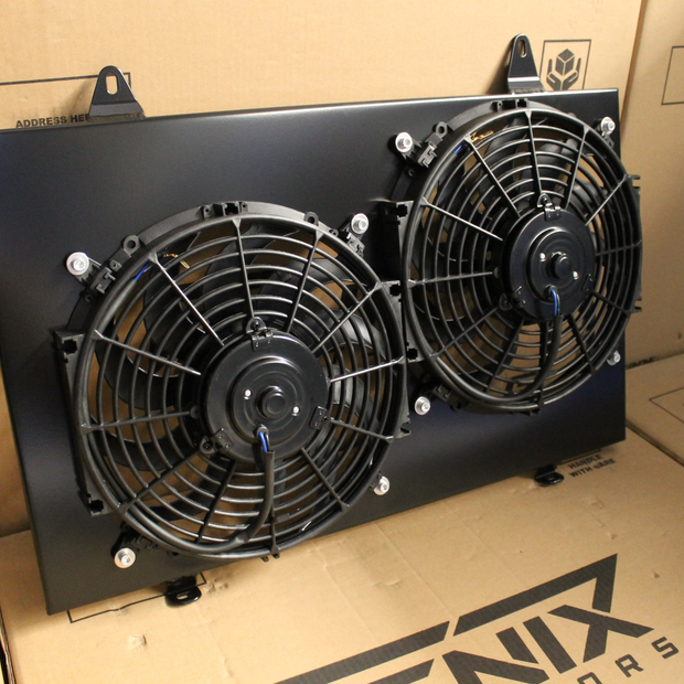 Fenix FAN1083-BL Nissan Skyline R33 R34 offset twin-fan shroud for 400mm core - black angled view