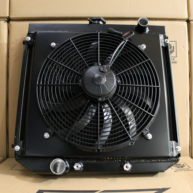 Ford ZC-ZD Fairlane & XR-XY Falcon Cleveland V8 Full Alloy Radiator, Custom Shroud & 16" Spal 3000CFM Fan.