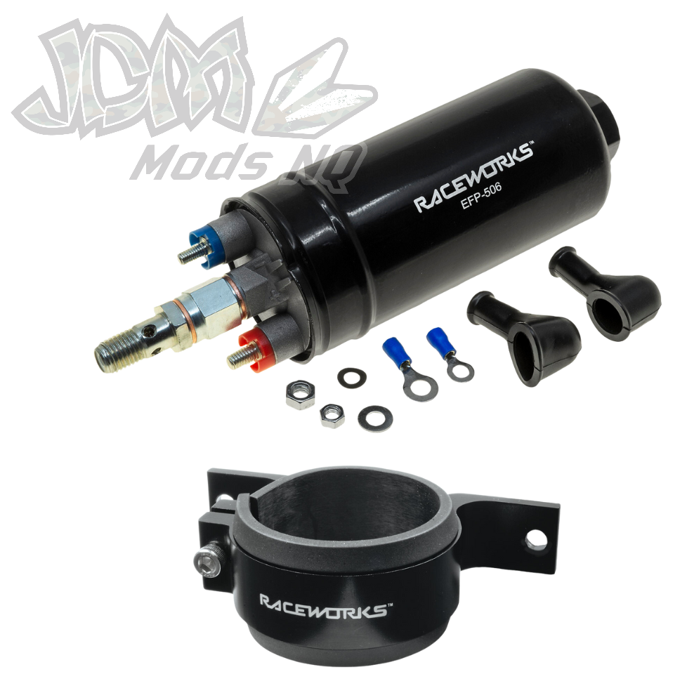 Raceworks 300LPH 60mm Bosch 044 Style External Fuel Pump & Bracket Kit E85 Safe