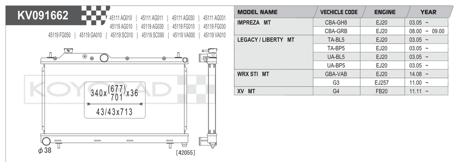Koyorad Performance Radiator: Subaru Impreza / WRX STI / Legacy / Liberty / XV MT 2008-2021