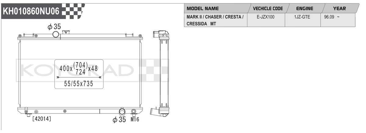 Koyorad Performance Radiator: Toyota Mark II / Chaser / Cresta / Cressida JZX100 1JZ-GTE MT 1996+