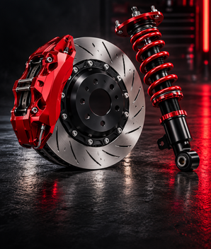 Performance brake rotor, caliper and coilover suspension