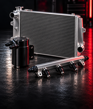 Radiator, oil catch can and fuel rail