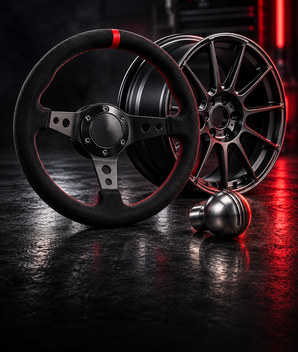 Racing steering wheel, alloy wheel and shift knob