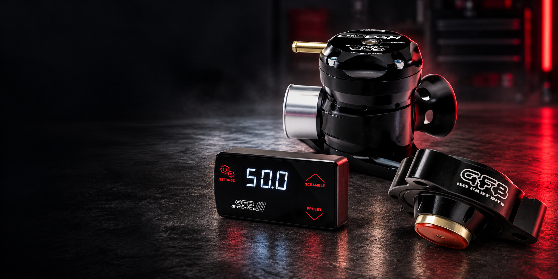 GFB Hybrid blow-off valve, G-Force III boost controller and DV+ diverter valve — desktop banner