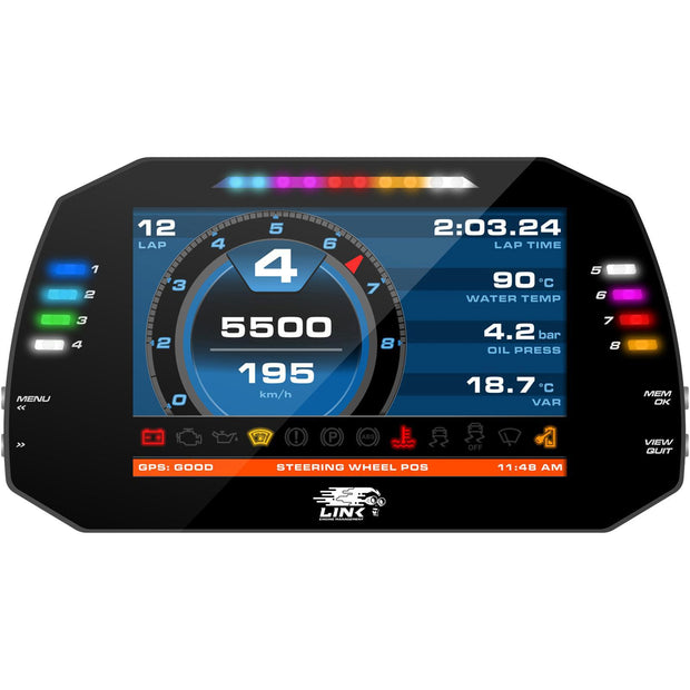 Link AIM MXG 7" Dash - LinkECU Strada Race Edition 100-0173 – display and indicator layout