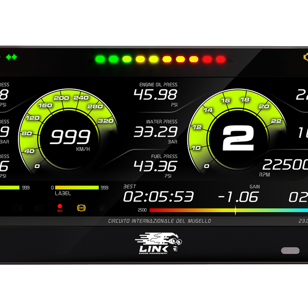 Link AIM MXT 10" Dash - LinkECU Strada Street Edition 100-0176 – display and indicator layout