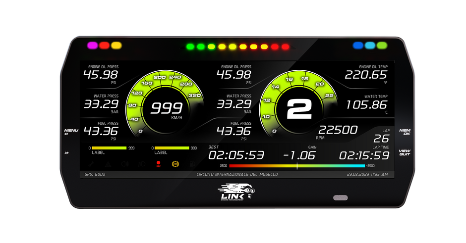 Link AIM MXT 10" Dash - LinkECU Strada Race Edition 100-0177 – display and indicator layout