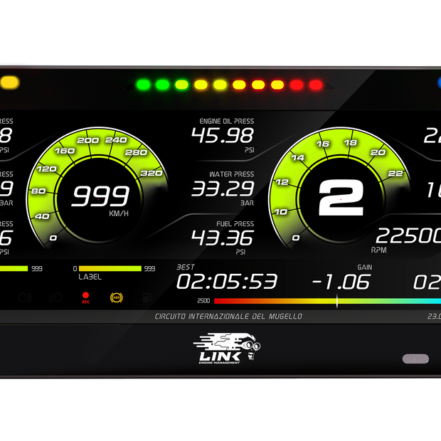 Link AIM MXT 10" Dash - LinkECU Strada Race Edition 100-0177 – display and indicator layout