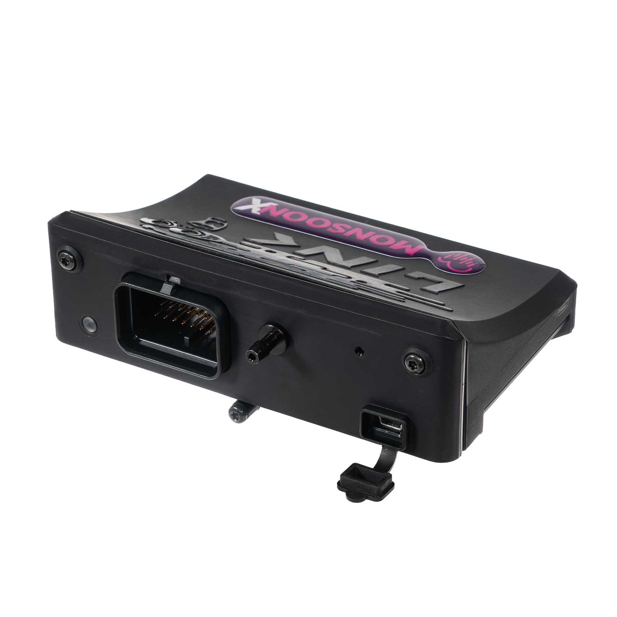 Link G4X MonsoonX ECU showing its wiring connector, USB port and MAP hose fitting