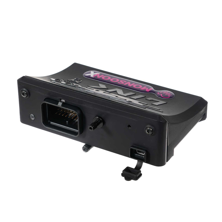 Link G4X MonsoonX ECU showing its wiring connector, USB port and MAP hose fitting