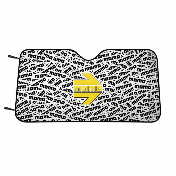 MOMO Freccia black and white sunshade with yellow MOMO arrow logo on a white background