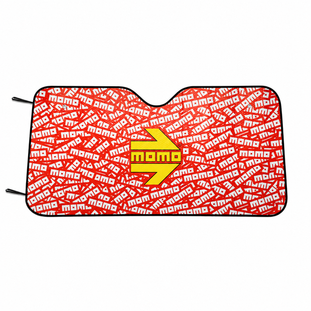 MOMO Freccia red and white sunshade with yellow MOMO arrow logo on a white background